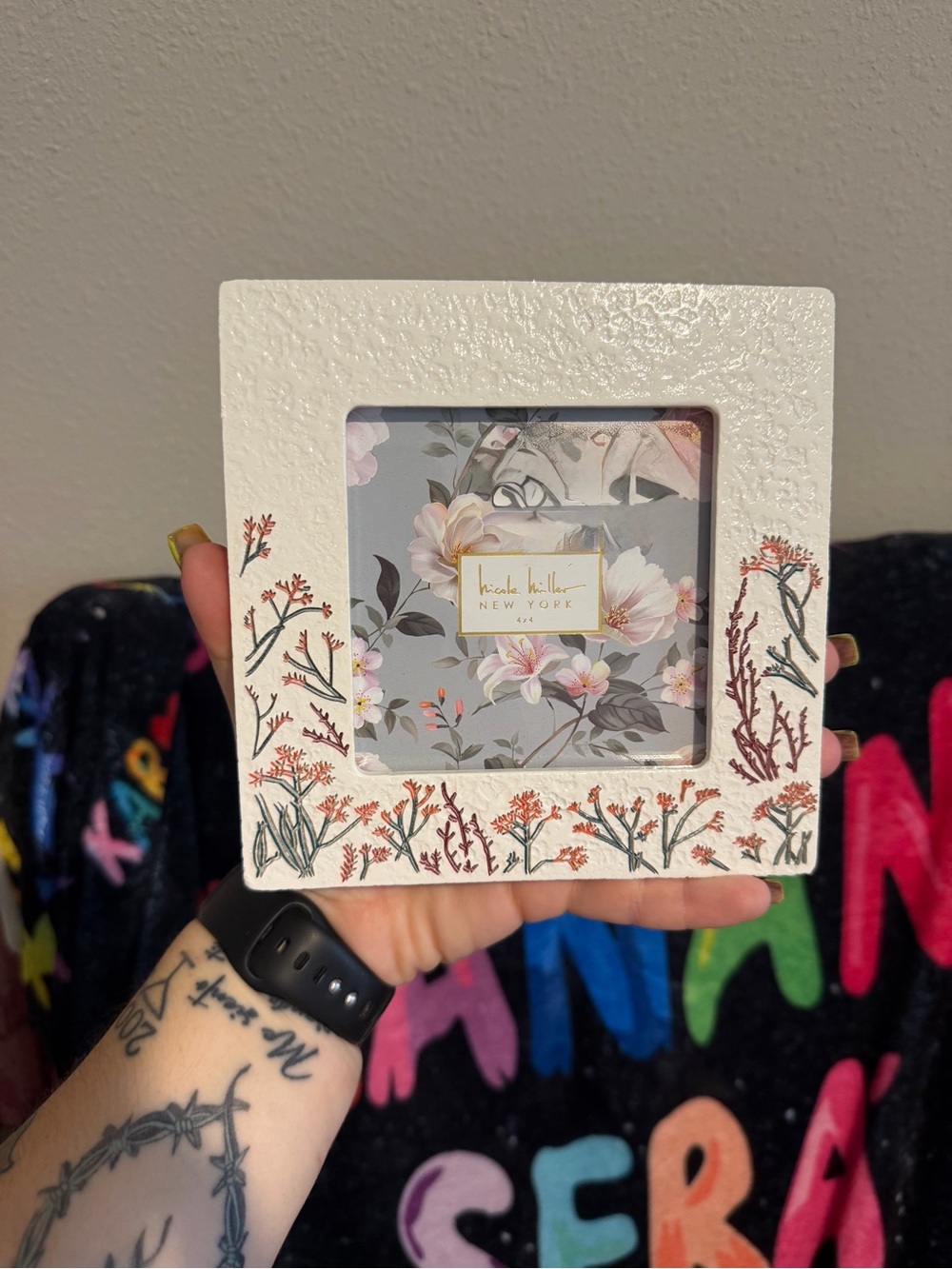 Nicole Miller White Floral Embossed Photo Frame with Pink Coral Accents